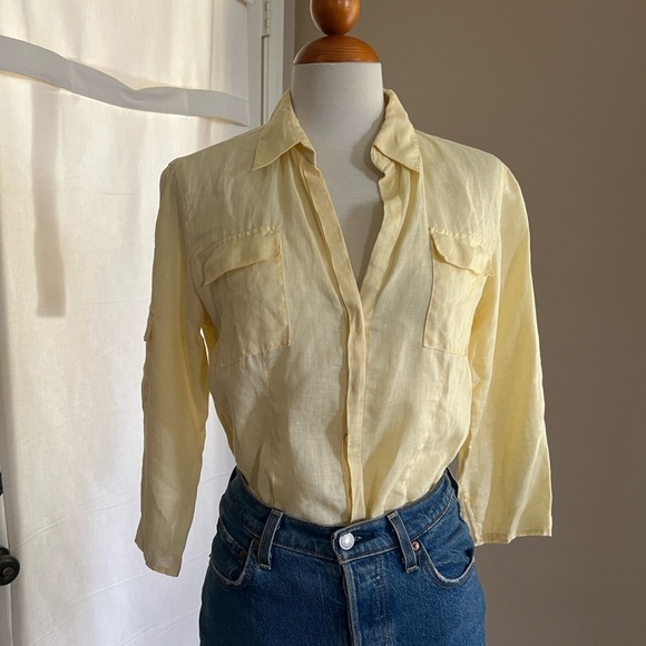 Vintage Max Studio 100% Linen Pale Yellow Button Down - Picture 3 of 5
